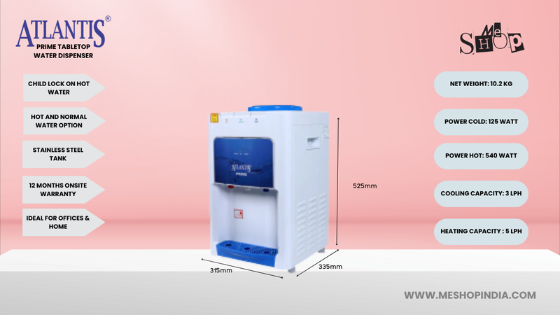 Infographic image of Atlantis Prime Countertop Water Cooler.