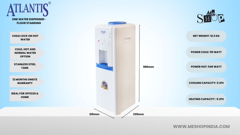 Infographic Image of Atlantis One Floor Standing Cold Water Dispenser for Home.