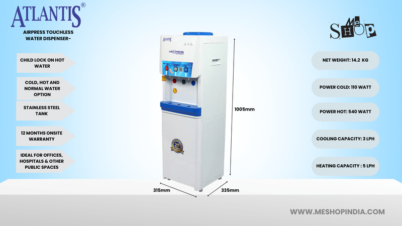 Infographic Picture of Atlantis Air Press Touchless Water Dispenser.