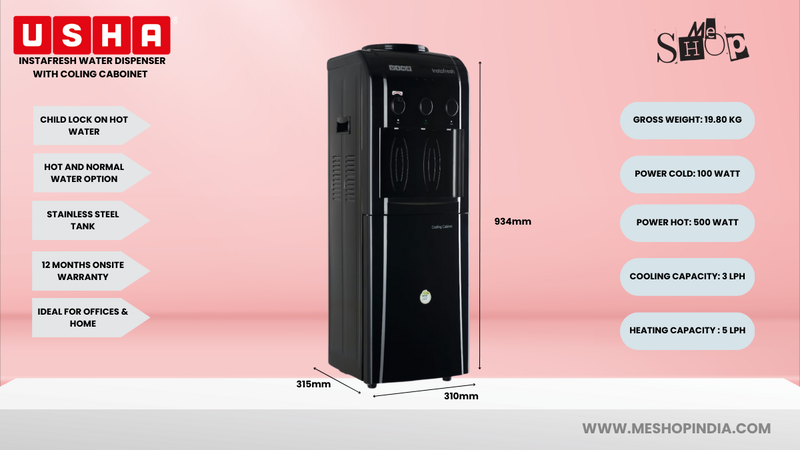 Infographic Image of Usha Jet Black Instafresh Cooling Cabinet Water Dispenser.