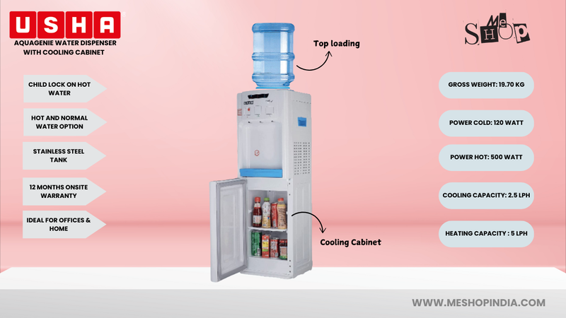 Infographic image of Usha Aqua Genie Chilled Water Dispenser with Cooling Cabinet.