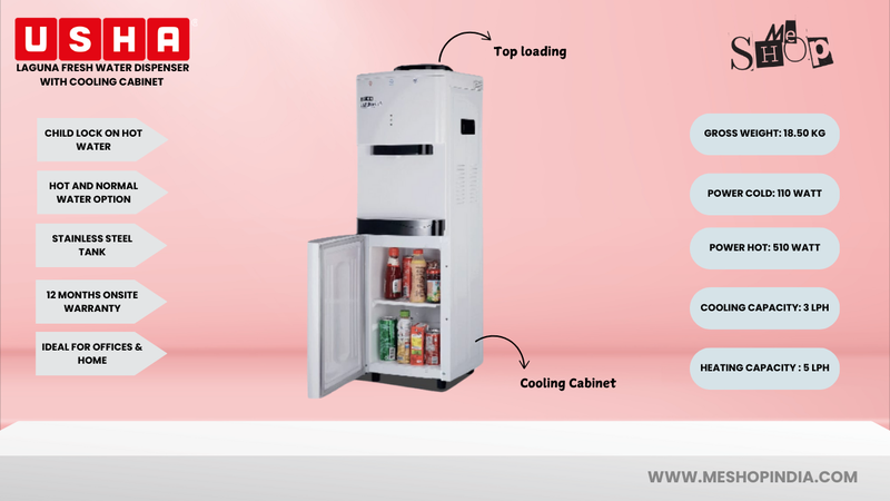 Infographic Image of Usha Laguna Fresh Water Dispenser with Cooling Cabinet.