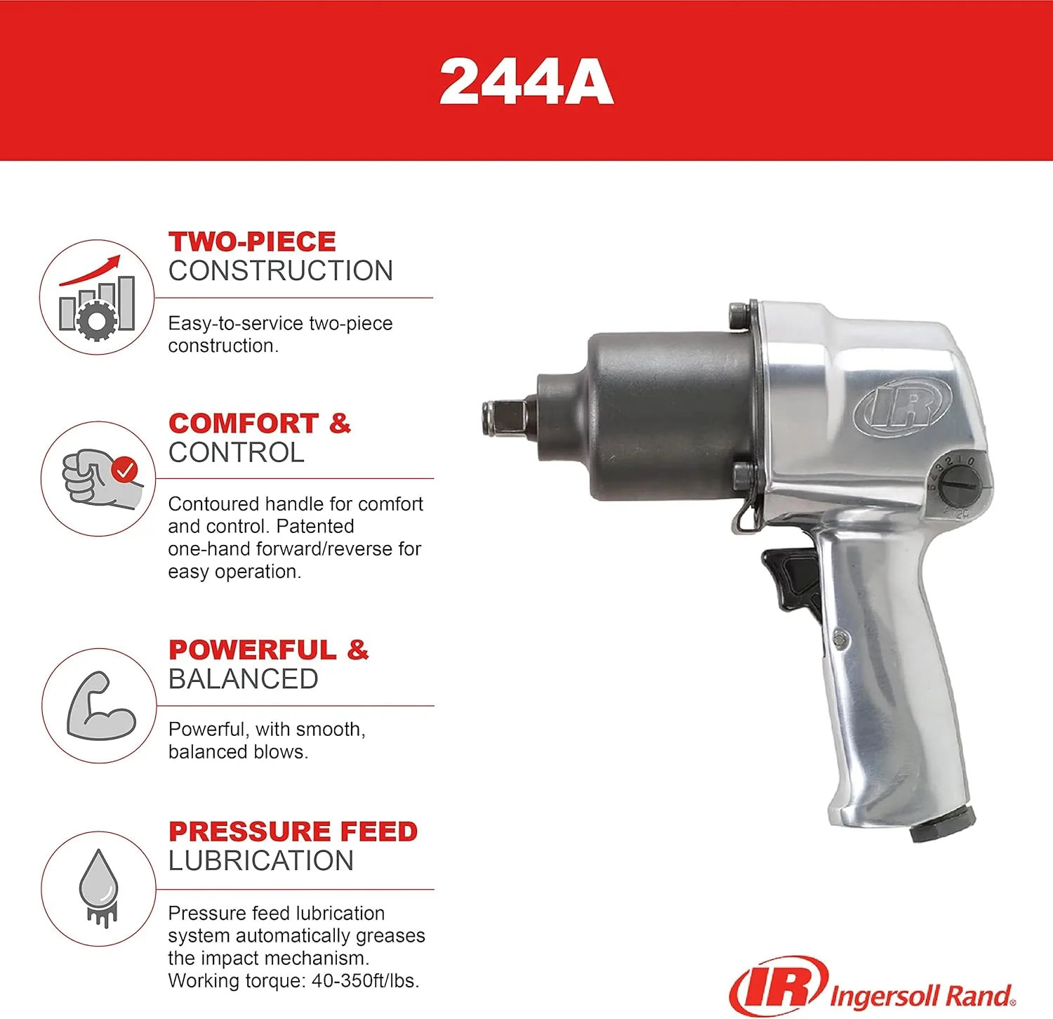 Ingersoll Rand 244A 1/2" Air Impact Wrench, 500 ft-lbs Max Torque, Super Duty, Pistol Grip Standard Anvil