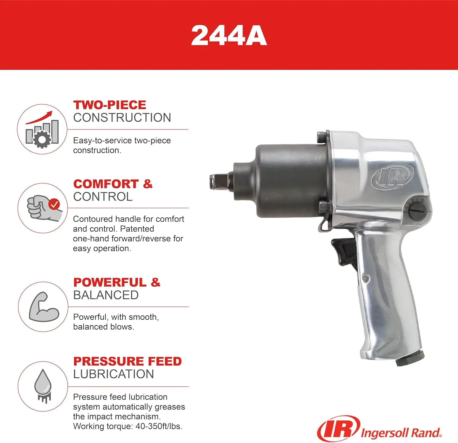 Ingersoll Rand 244A 1/2" Air Impact Wrench, 500 ft-lbs Max Torque, Super Duty, Pistol Grip Standard Anvil