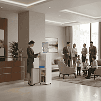 Modern Usha water dispenser featuring a refrigerated compartment and push-button taps.