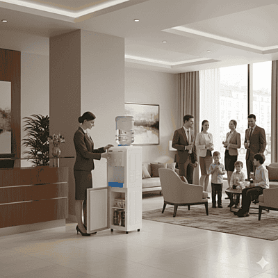 Modern Usha water dispenser featuring a refrigerated compartment and push-button taps. Modern Usha water dispenser featuring a refrigerated compartment and push-button taps.