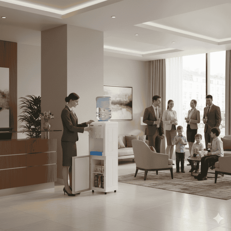 Modern Usha water dispenser featuring a refrigerated compartment and push-button taps.