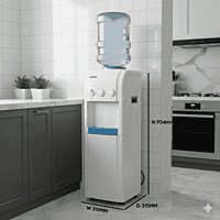 White and grey Usha Instafresh floor standing water dispenser against a wall. White and grey Usha Instafresh floor standing water dispenser against a wall.