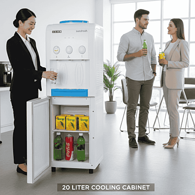 Front view of Usha Instafresh water dispenser with bottle on top. Front view of Usha Instafresh water dispenser with bottle on top.