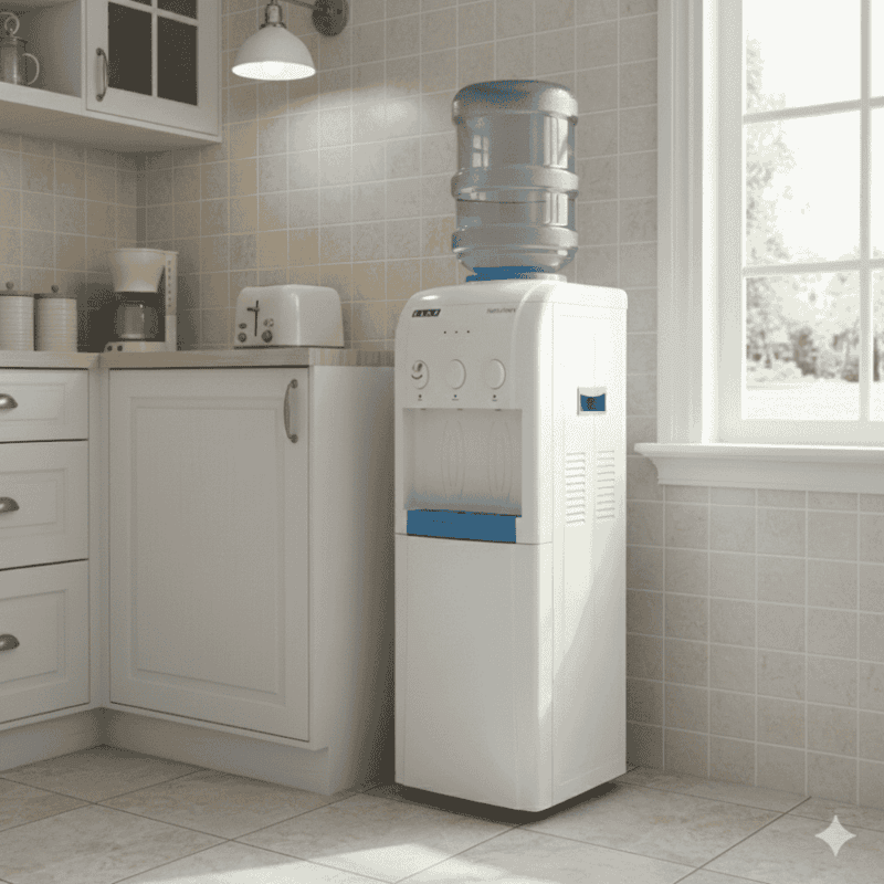 Stainless steel water tank inside a Usha Instafresh floor standing unit.