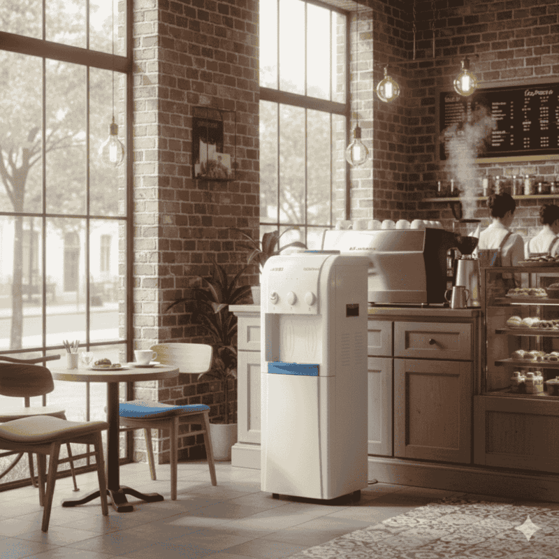 Usha Instafresh water cooler with integrated storage cabinet for cups.