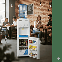 Efficient Usha water cooler with storage space for snacks and cold drinks.