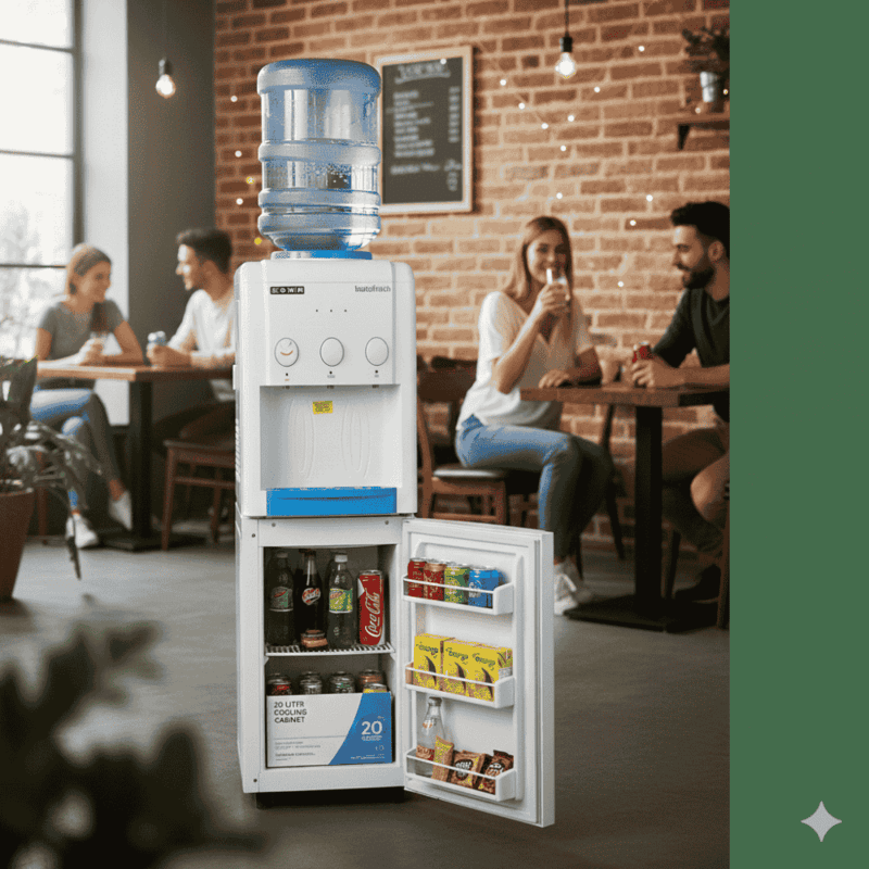 Efficient Usha water cooler with storage space for snacks and cold drinks.