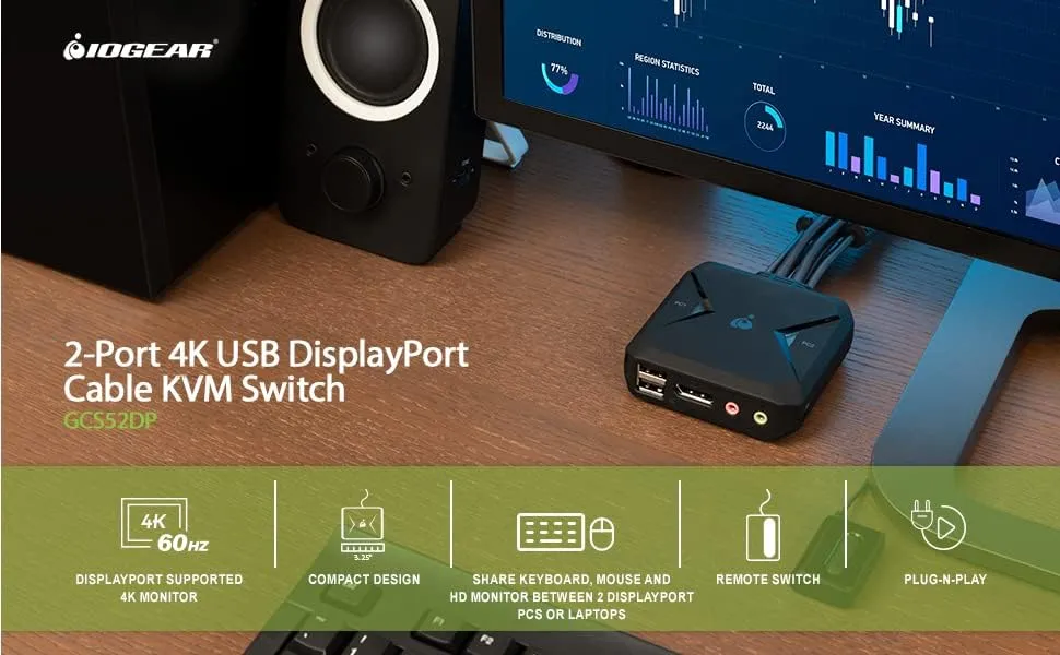 IOGEAR 2-Port USB Cable KVM Switch with Audio, Plug n Play