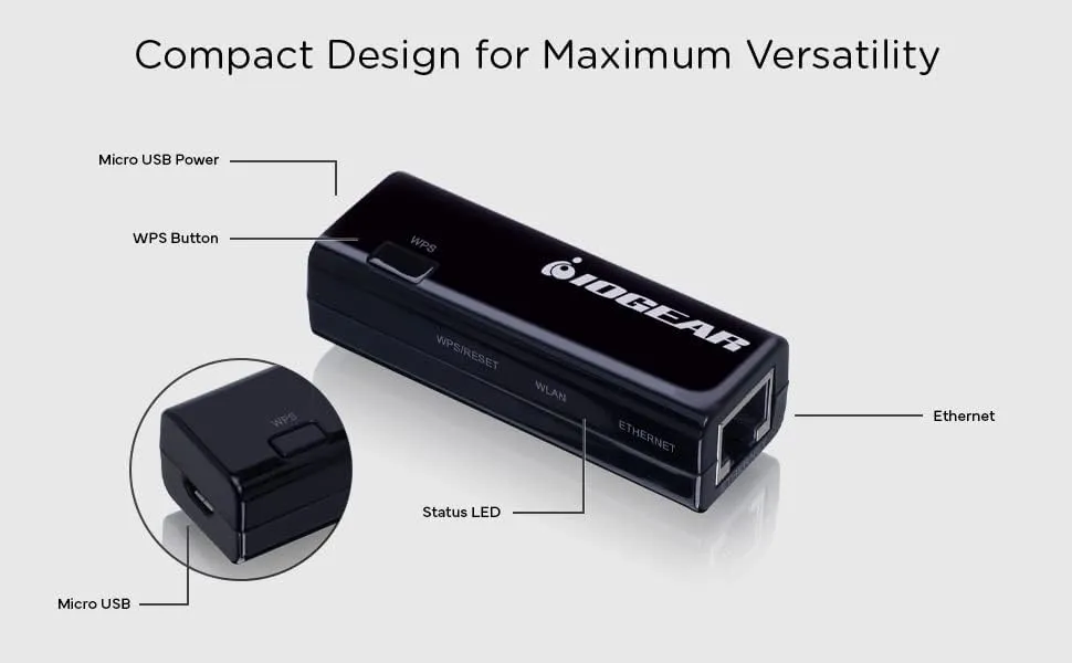 IOGEAR Universal Ethernet to Wi-Fi N Adapter - Speeds of up to 300Mbps on 2.4GHz - Push-button Wi-Fi Protected Setup (WPS)