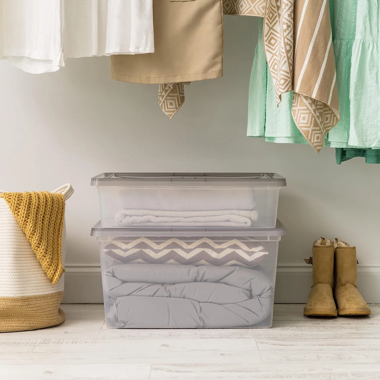 IRIS USA Plastic Storage Bin Tote Organizing Container with Latching Lid, Stackable and Nestable (28 Qt. - 6 Pack)