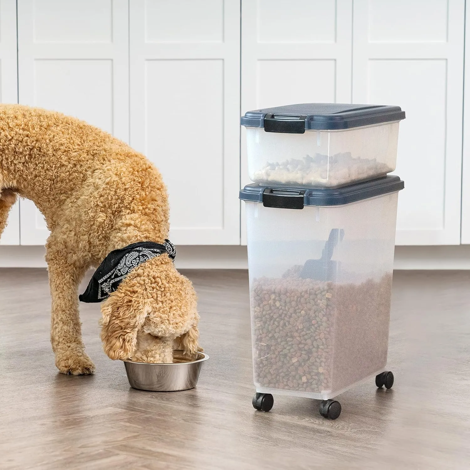 IRIS USA Airtight Dog Food Storage Container, 40 lbs & 14 lbs Combo, Stackable Treat Box, 2-Cup Scoop, Wheels, Keep Fresh