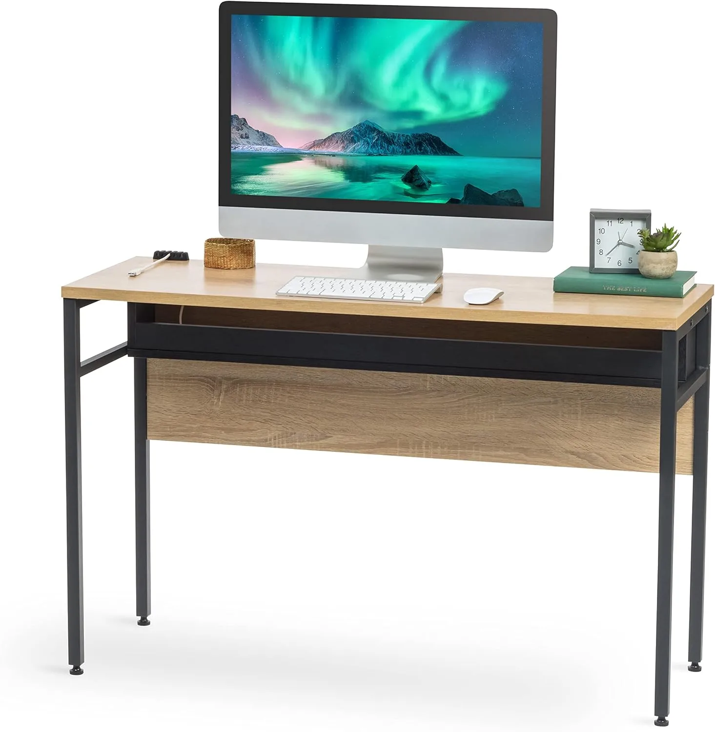 IRIS USA Computer Desk Slim Rustic Industrial Table with Matte Black Steel Frame and Heavy-Duty Wooden Tabletop