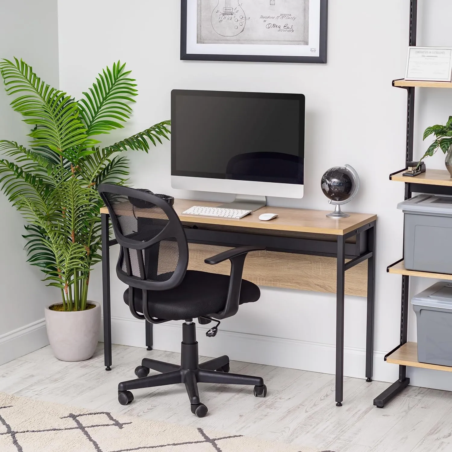 IRIS USA Computer Desk Slim Rustic Industrial Table with Matte Black Steel Frame and Heavy-Duty Wooden Tabletop