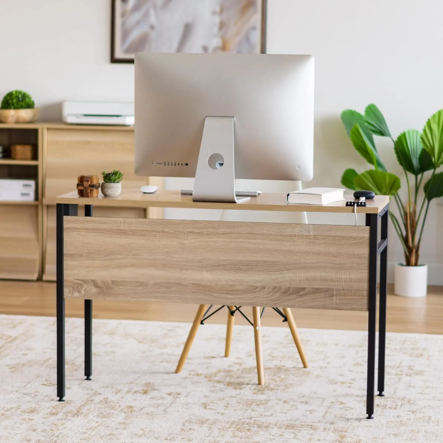 IRIS USA Computer Desk Slim Rustic Industrial Table with Matte Black Steel Frame and Heavy-Duty Wooden Tabletop