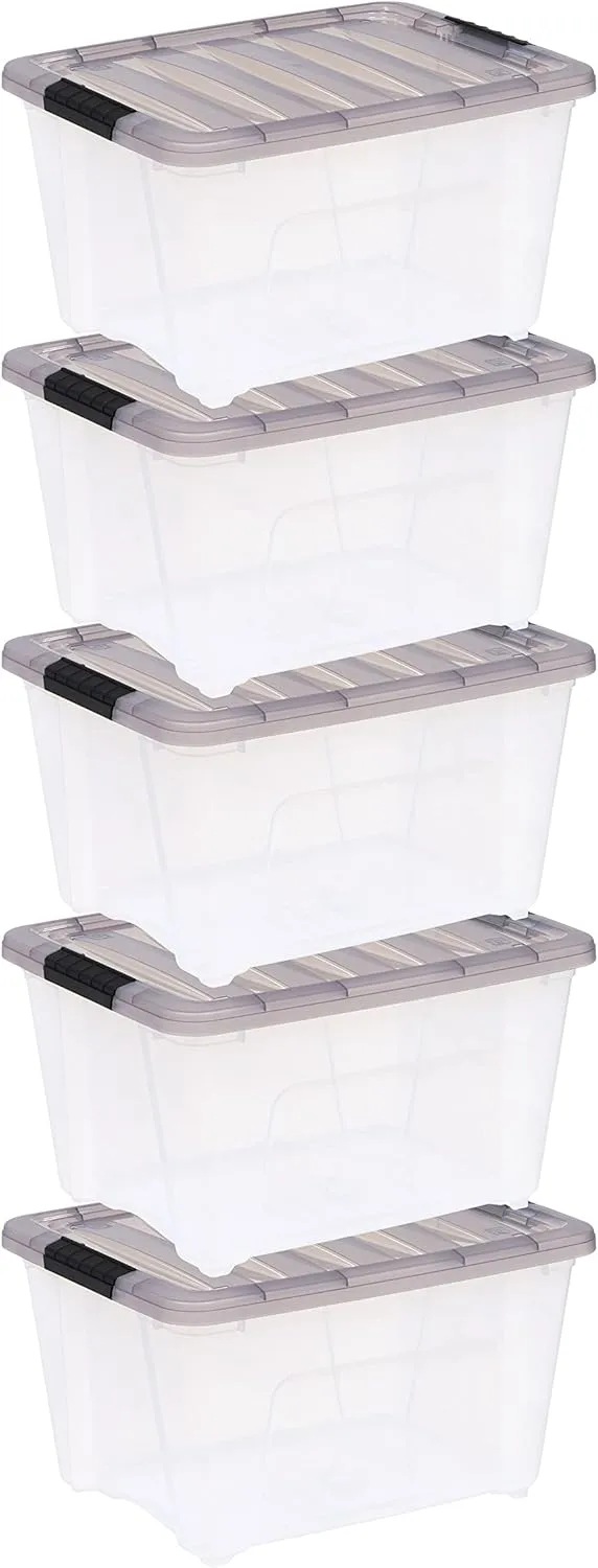 IRIS USA 5 Pack 32 Quart Stack & Pull™ Clear Plastic Storage Box with Buckles, Gray