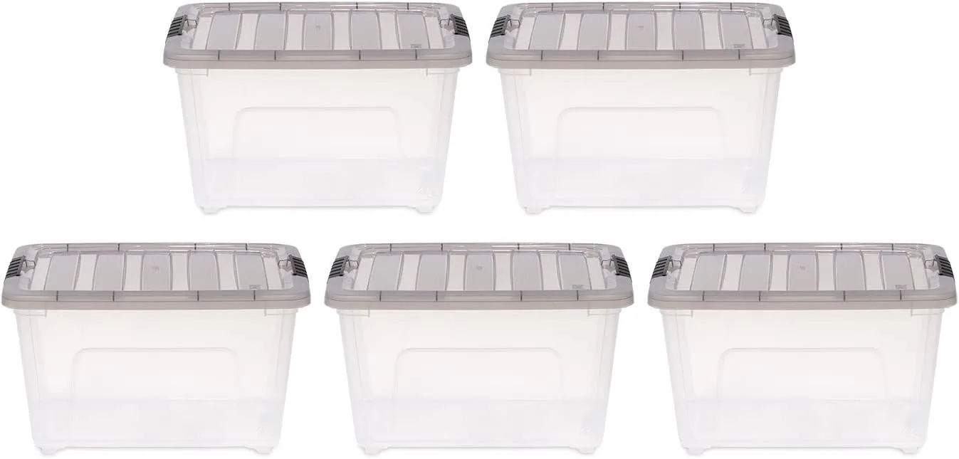 IRIS USA 5 Pack 32 Quart Stack & Pull™ Clear Plastic Storage Box with Buckles, Gray