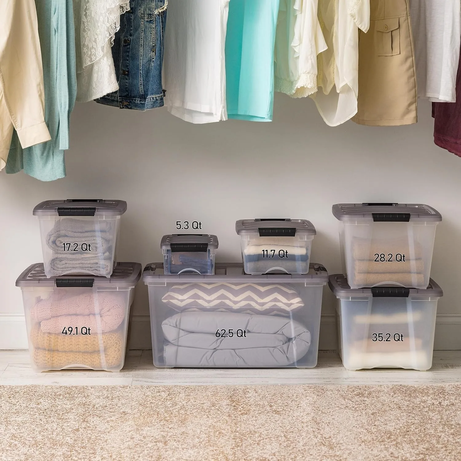IRIS USA 53 Quart Stack & Pull Clear Storage Box, Gray, 5 Pack