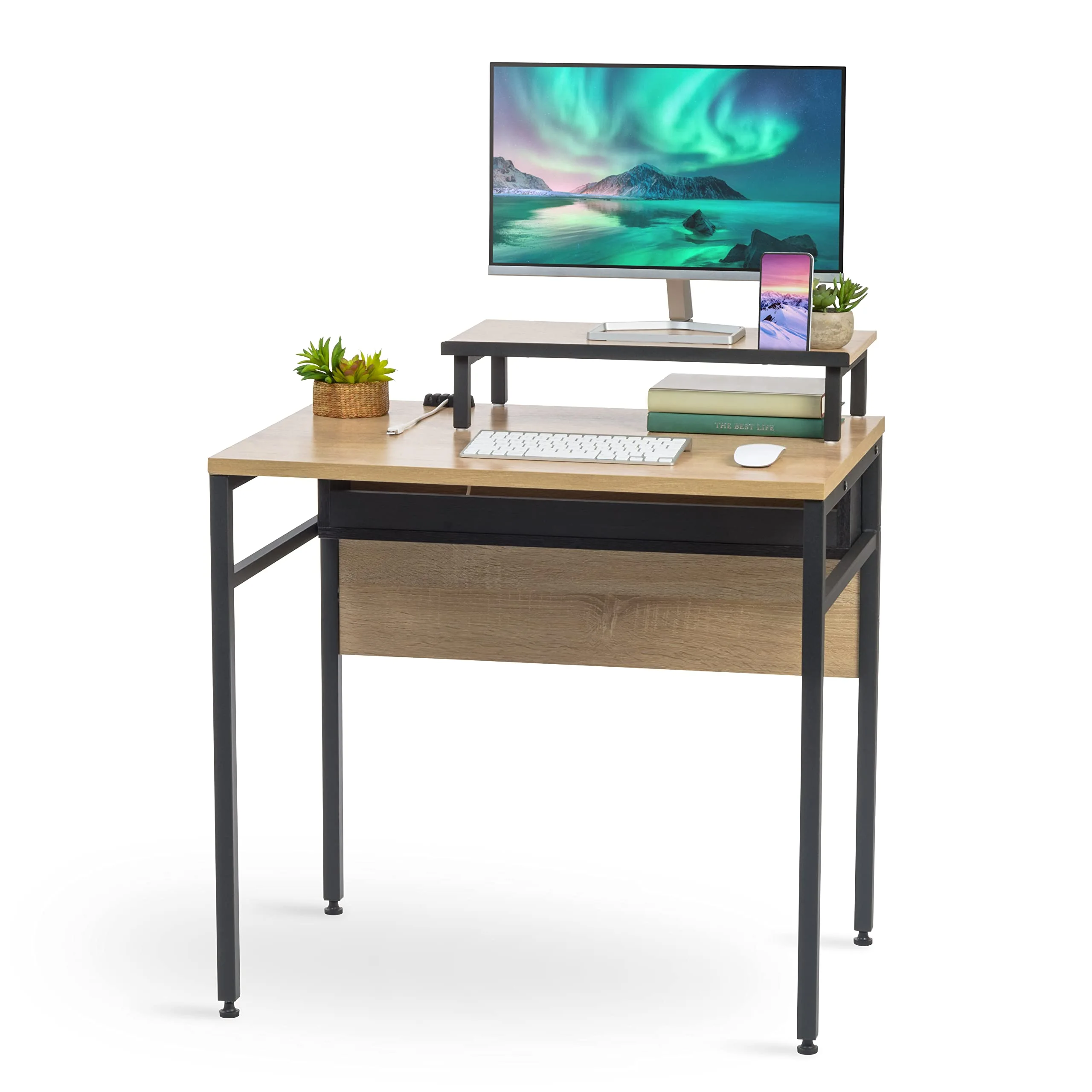 IRIS USA Computer Desk Slim Rustic Industrial Table with Matte Black Steel Frame and Heavy-Duty Wooden Tabletop