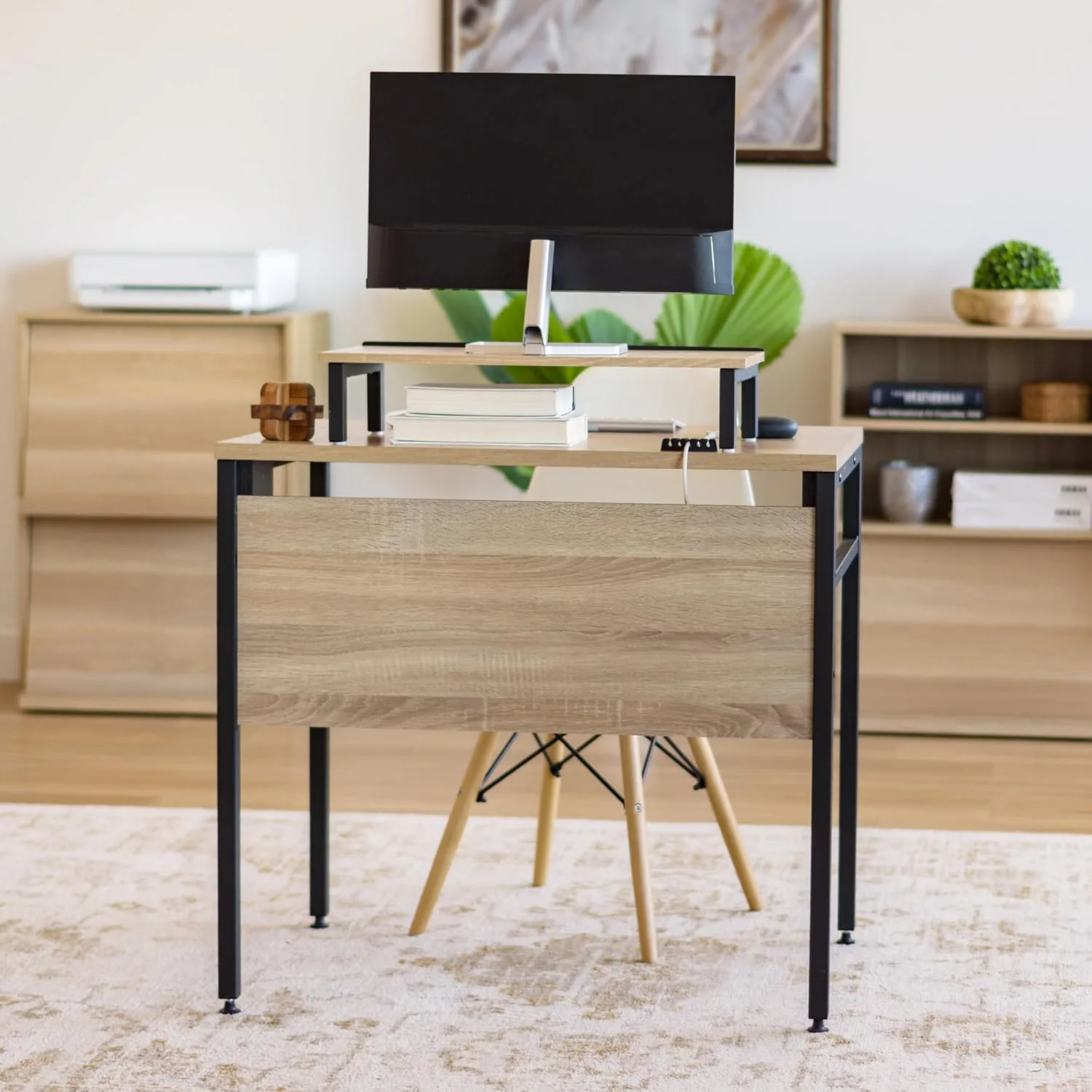 IRIS USA Computer Desk Slim Rustic Industrial Table with Matte Black Steel Frame and Heavy-Duty Wooden Tabletop