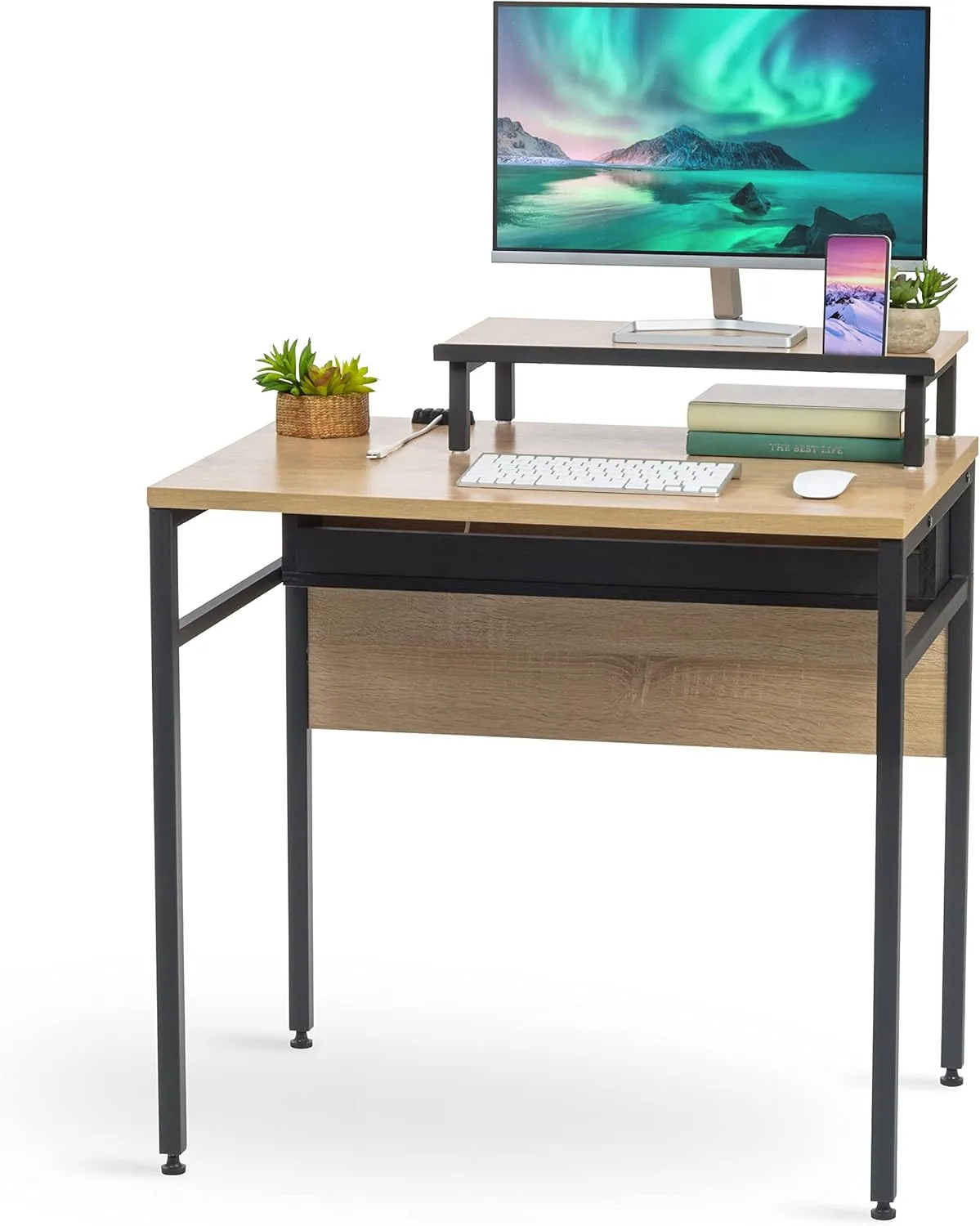 IRIS USA Computer Desk Slim Rustic Industrial Table with Matte Black Steel Frame and Heavy-Duty Wooden Tabletop