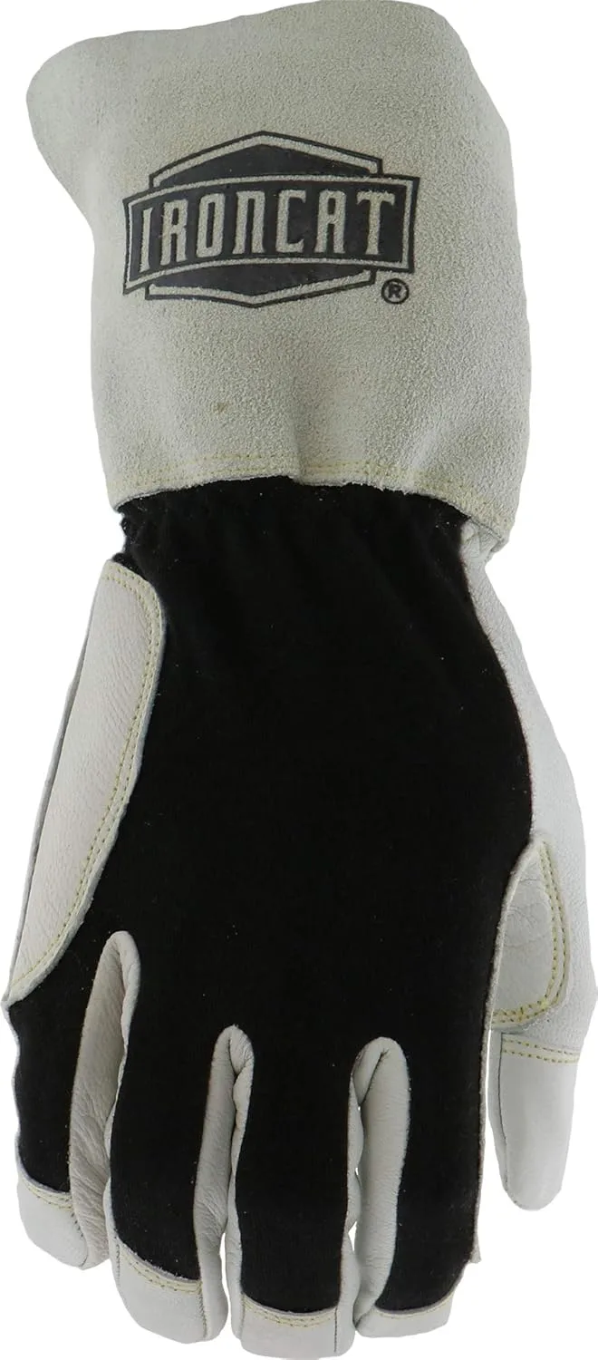 IRONCAT 9073 Premium Split Goatskin Leather Gloves – White/Black Large, 13 in. TIG Welding Gloves w/ Keystone Thumb