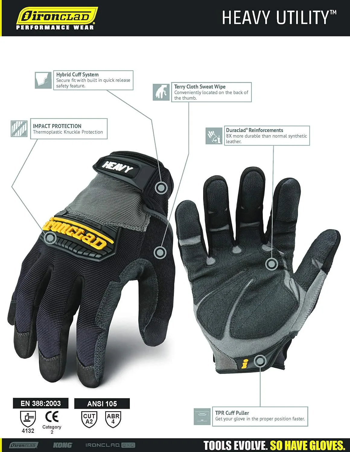Ironclad Heavy Utility Work Gloves HUG, High Abrasion Resistance, X-Large, Black & Grey (1 Pair)