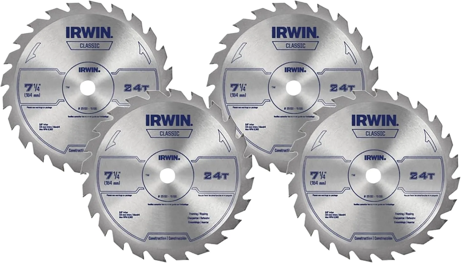 IRWIN Tools Classic Series Steel Corded Circular Saw Blade, 7 1/4-inch, 24T (25130) (Pack of 4) 7-1/4" (Pack of 4) 24T