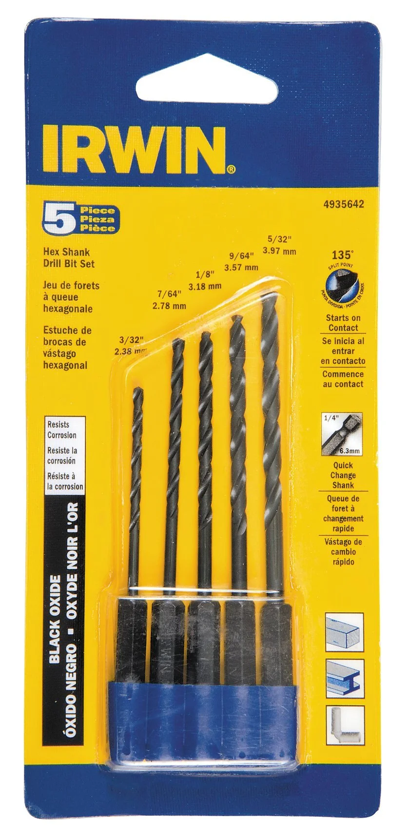IRWIN 5-Piece Black Oxide Hex Shank Drill Bit Set, 1/16–5/32 in
