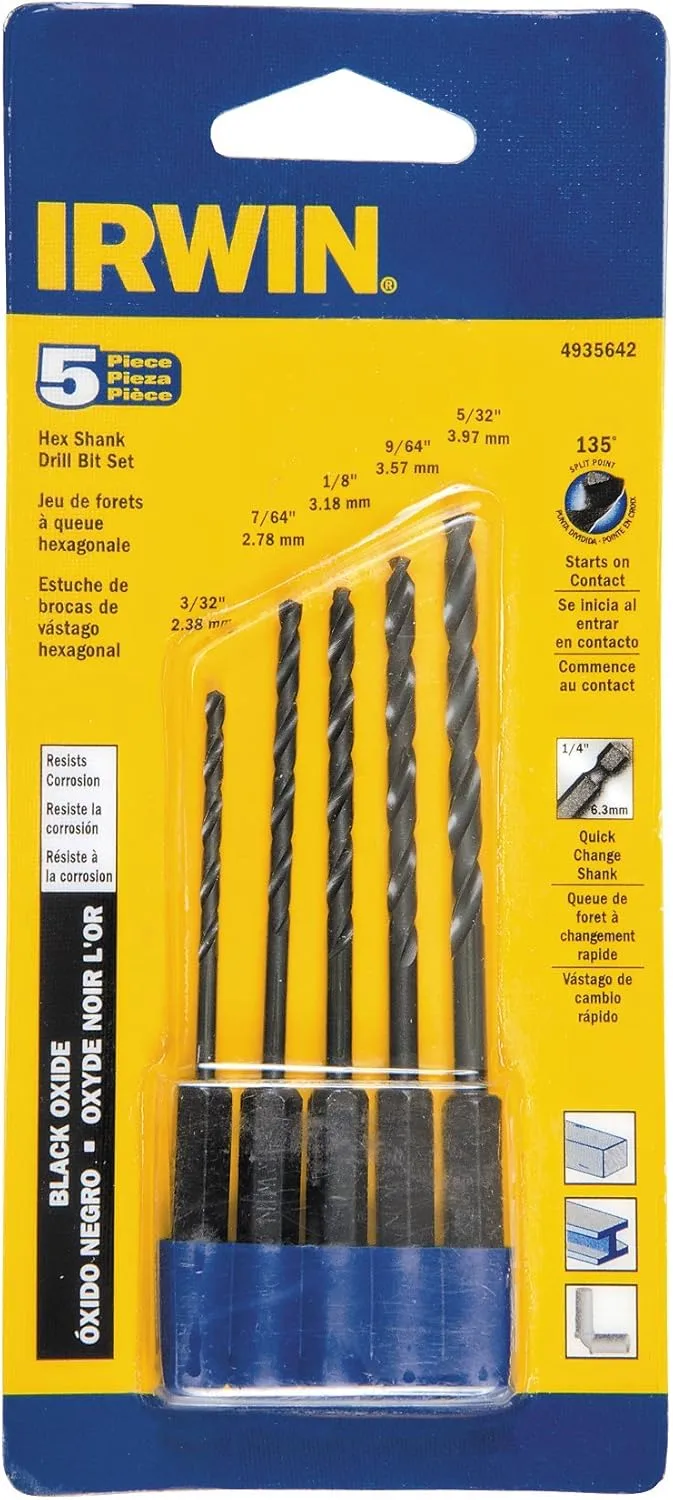 IRWIN 5-Piece Black Oxide Hex Shank Drill Bit Set, 1/16–5/32 in