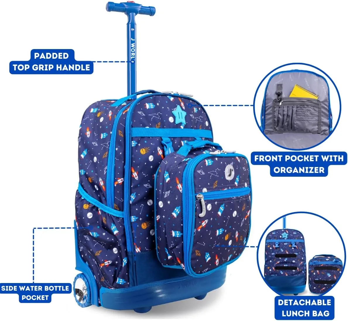 J World New York Unisex Kid's Duo Rolling Backpack with Lunch Box Set, Spaceship, One Size One Size Spaceship