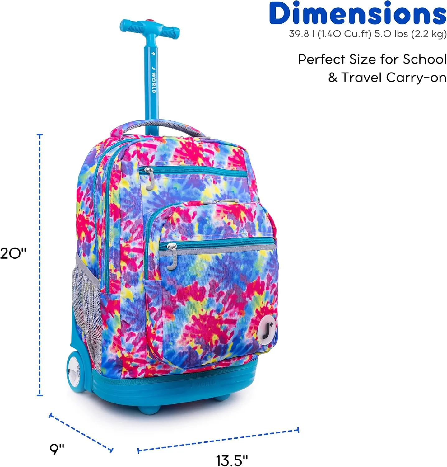 J World New York Sundance Rolling Backpack Girl Boy Roller Bookbag, Tie Dye, 20 Inch