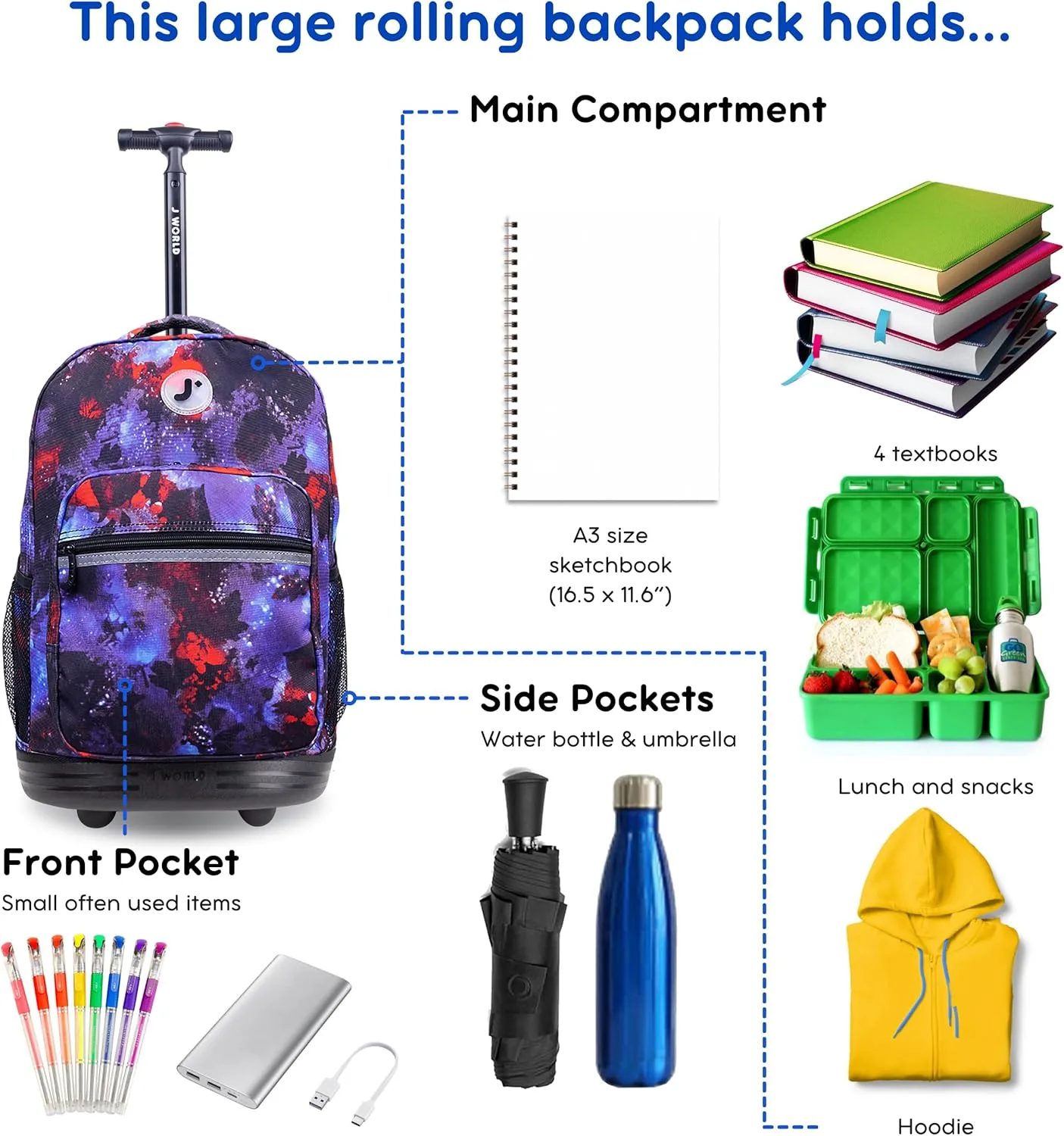J World New York Sunrise Kids Rolling Backpack for Girls Boys Teen. Roller Bookbag with Wheels, Galaxy, 18"