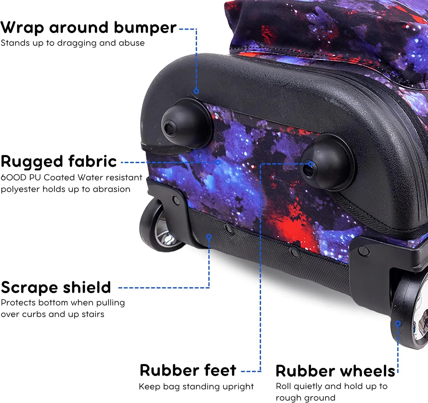 J World New York Sunrise Kids Rolling Backpack for Girls Boys Teen. Roller Bookbag with Wheels, Galaxy, 18"