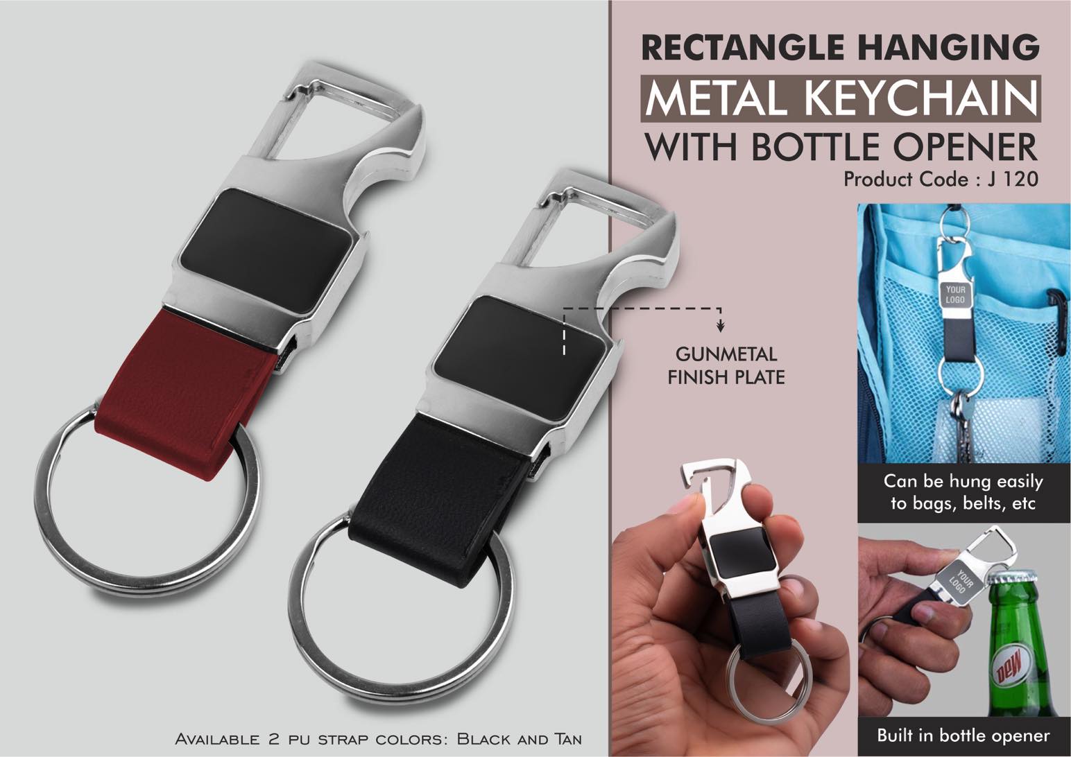 Rectangle hanging metal keychain with Bottle Opener & PU strap