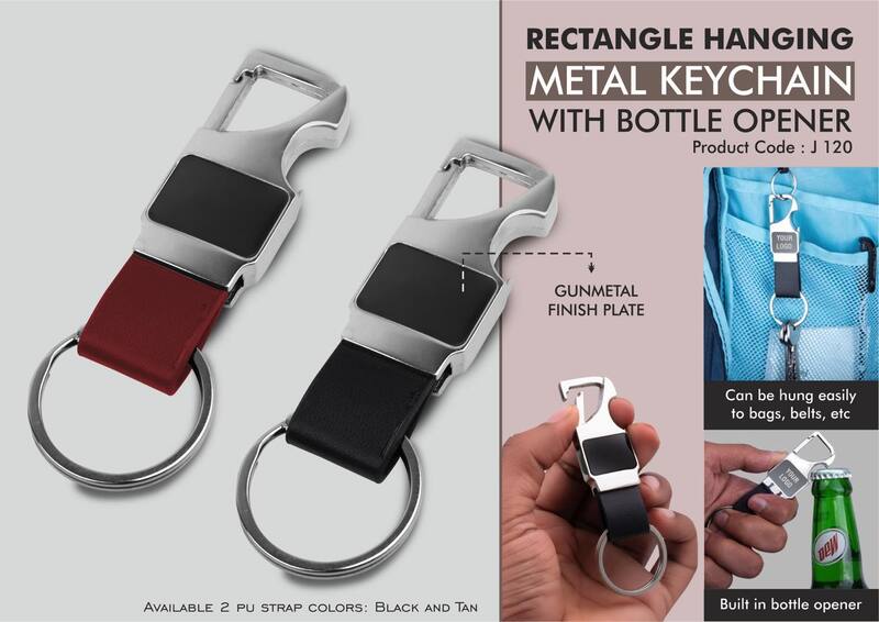Rectangle hanging metal keychain with Bottle Opener & PU strap