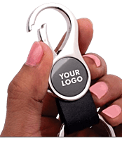 Round hanging metal keychain with PU strap