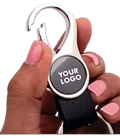 Round hanging metal keychain with PU strap