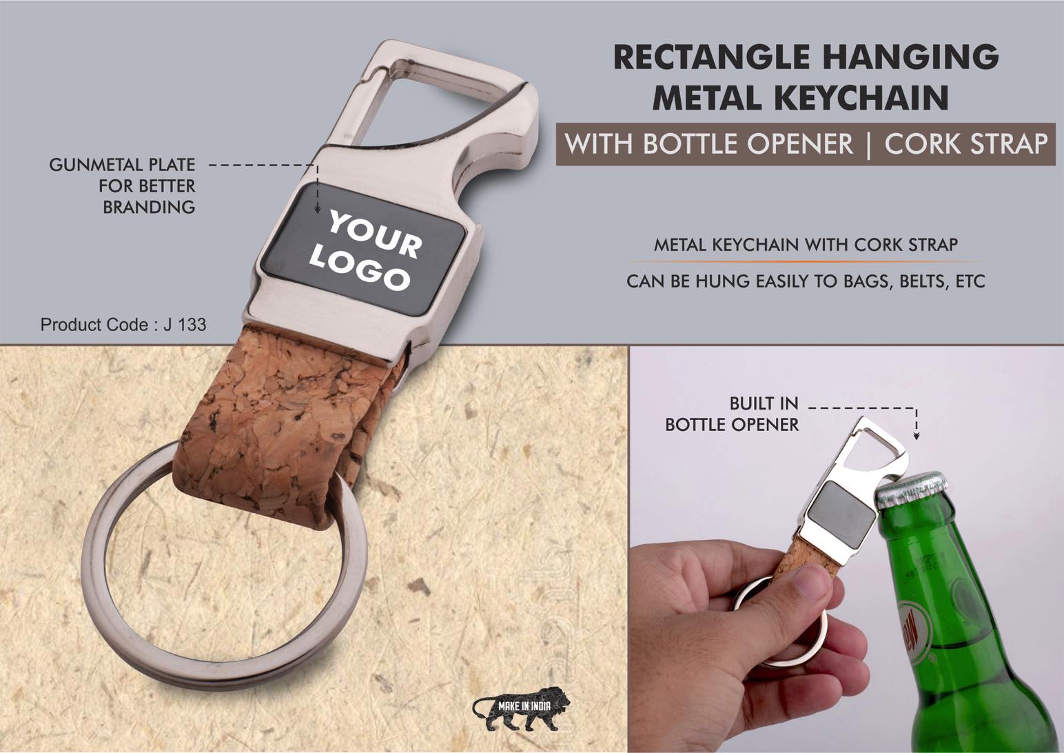 Rectangle hanging metal keychain with Bottle Opener