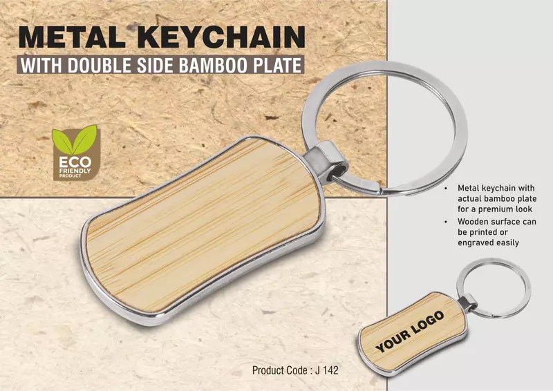 Metal keychain with double side Bamboo plate