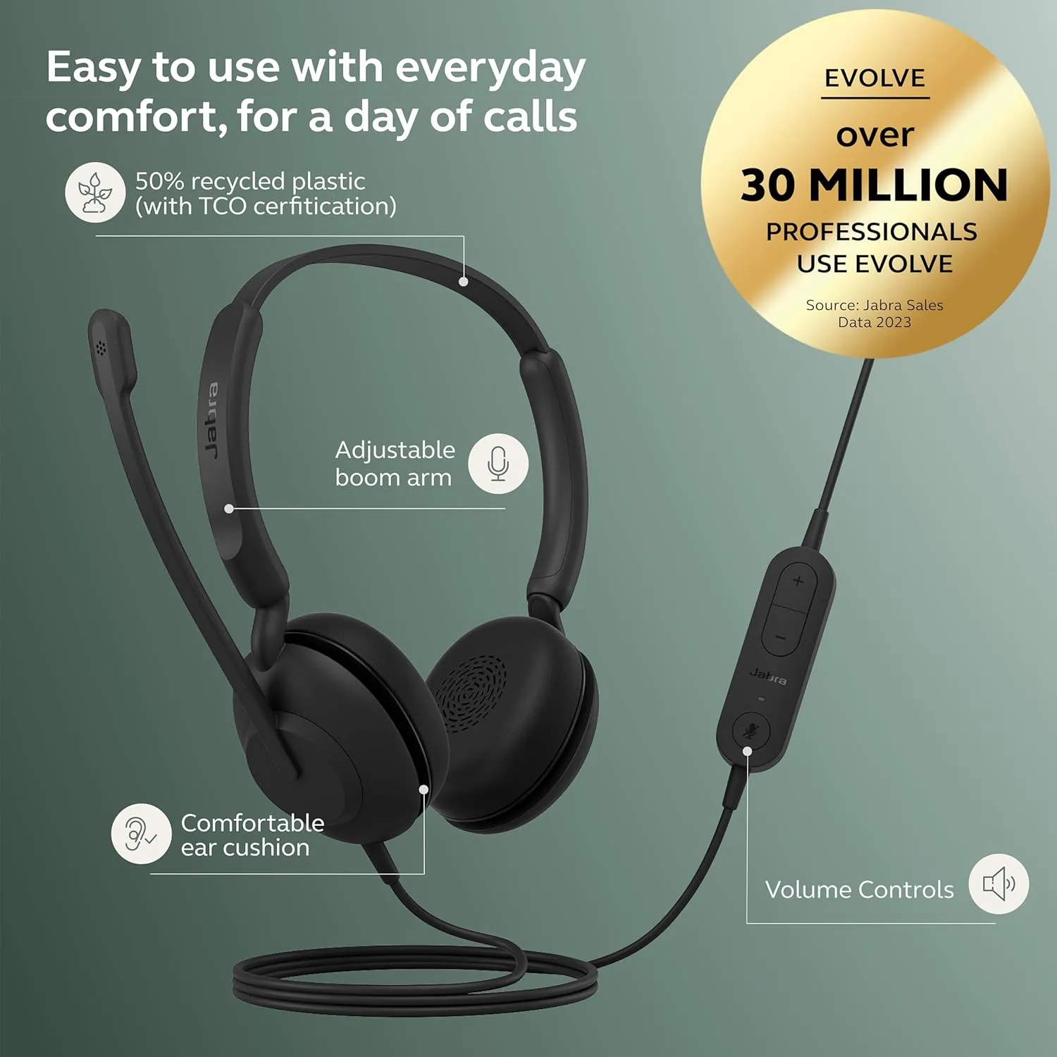 Jabra Evolve 10 Wired Headset with Noise-Cancelling Microphone, USB-A, Black