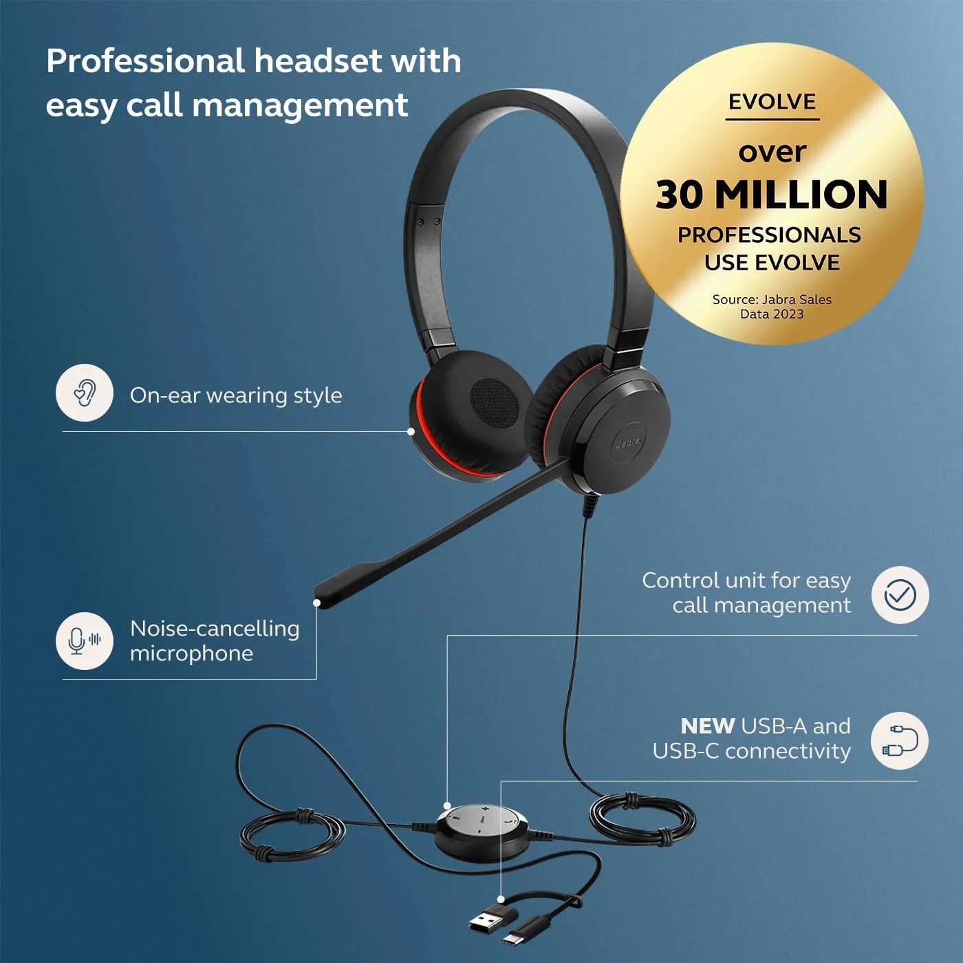 Jabra Evolve 20 SE Wired Dual-Ear Headset with USB-A & USB-C