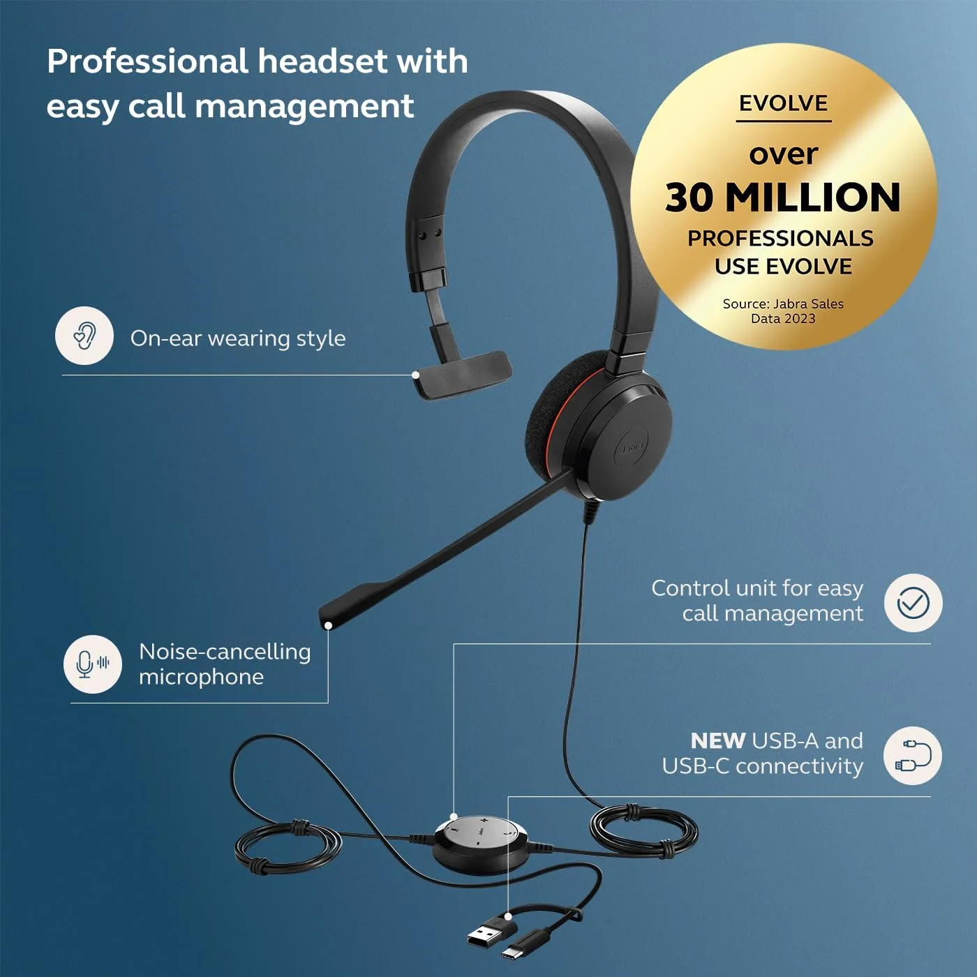 Jabra Evolve 20 Wired Headset (2025 Edition) - USB-C/A