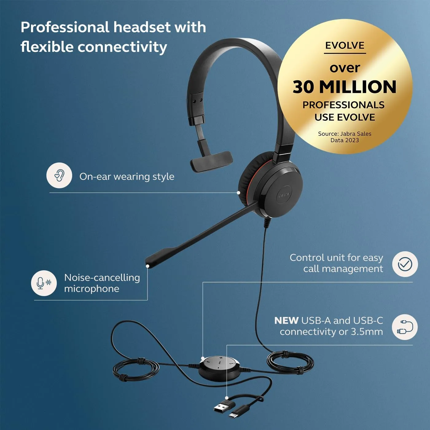 Jabra Evolve 30 II Wired Headset with Noise-Cancelling Microphone — USB-A/USB-C & 3.5mm