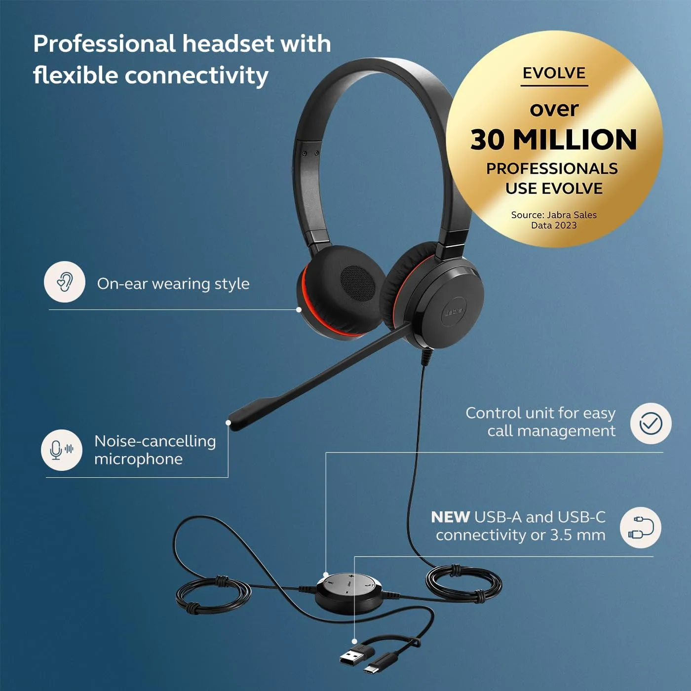 Jabra Evolve 30 II Wired Headset with Noise-Cancelling Microphone — USB-A/USB-C & 3.5mm